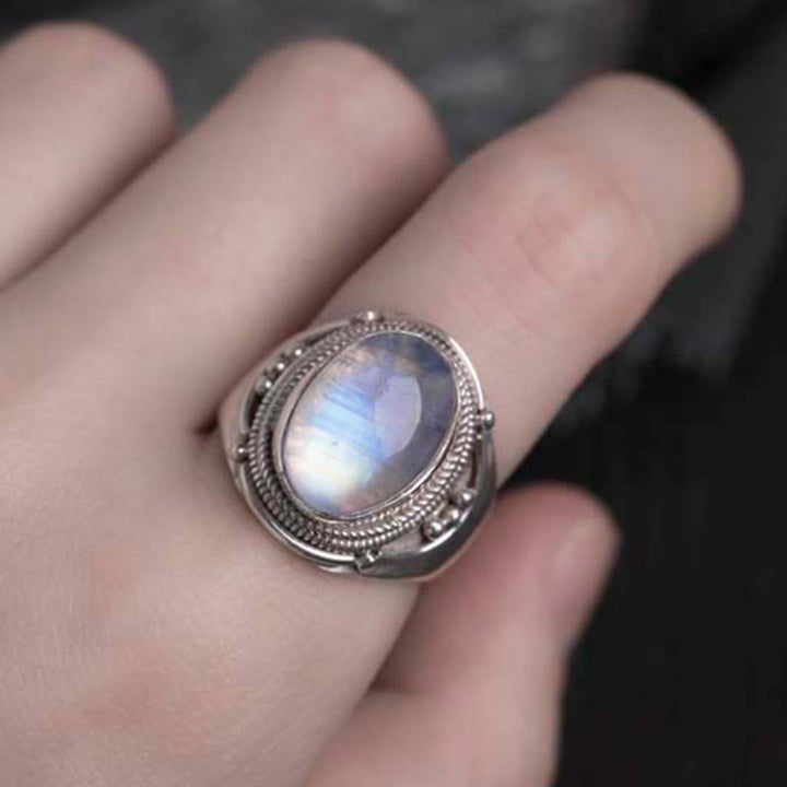 Anello regolabile con pietra di luna naturale in argento sterling 925 fatto a mano con Buddha Stones