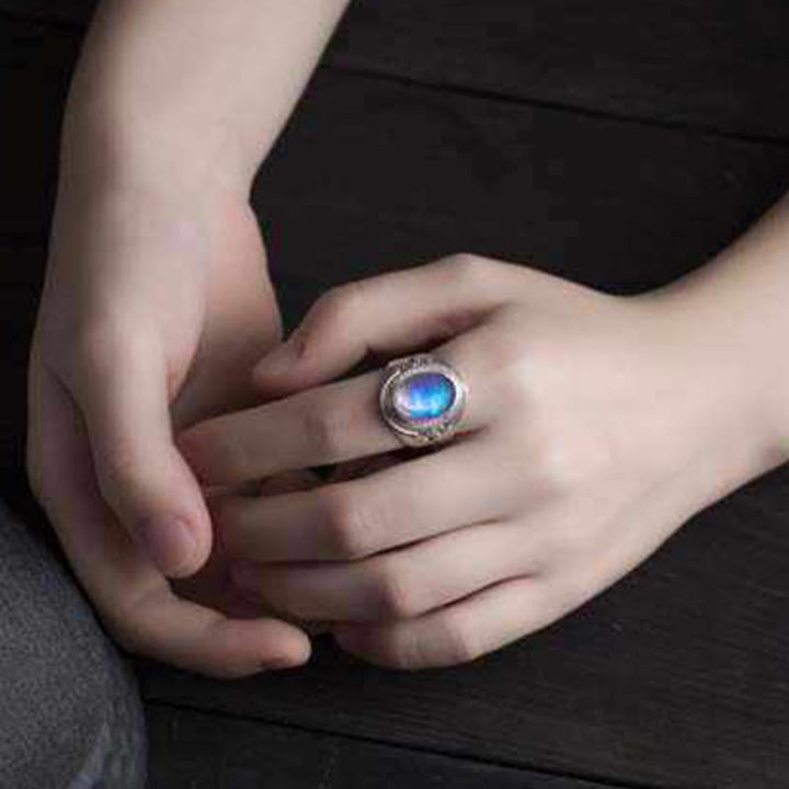 Anello regolabile con pietra di luna naturale in argento sterling 925 fatto a mano con Buddha Stones