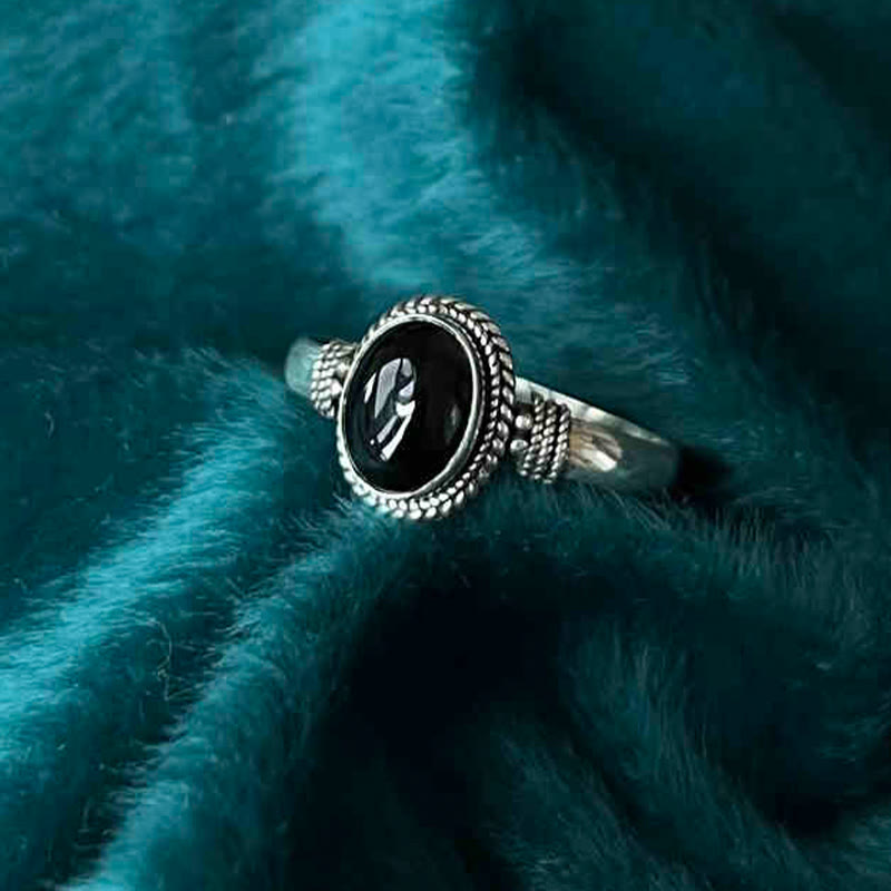 Anello regolabile in argento sterling 925 con onice nero fatto a mano, motivo Buddha Stones