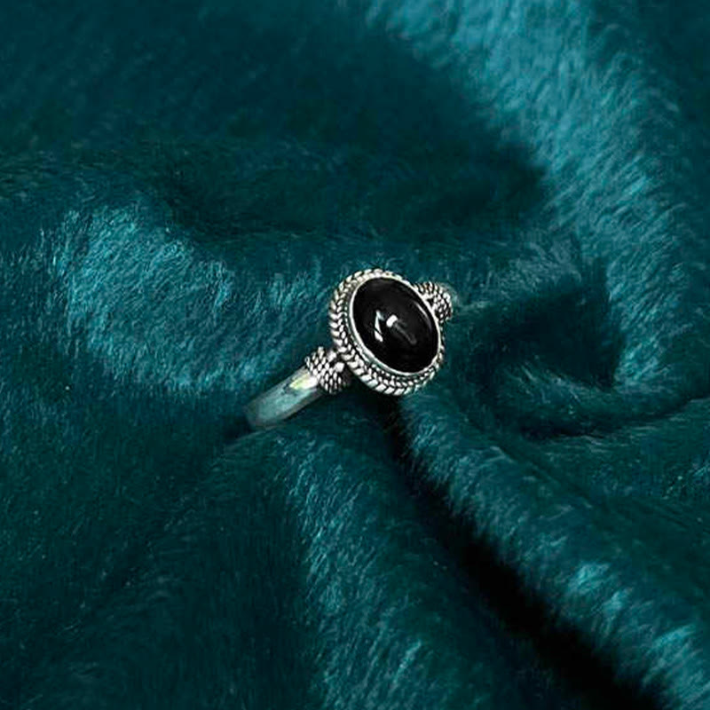 Anello regolabile in argento sterling 925 con onice nero fatto a mano, motivo Buddha Stones