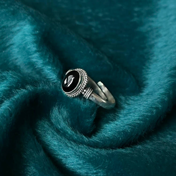 Anello regolabile in argento sterling 925 con onice nero fatto a mano, motivo Buddha Stones