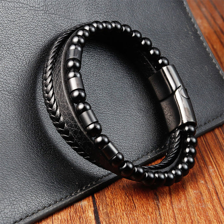 Bracciale Buddha Stones Frosted Stone in pelle multistrato, titanio e acciaio con fibbia a bilanciere