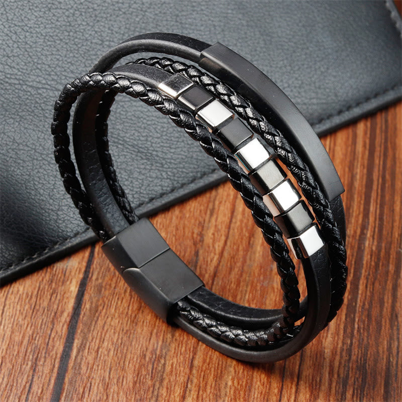 Bracciale Buddha Stones Square Titanium Steel Leather Multilayer Fibbia Calma