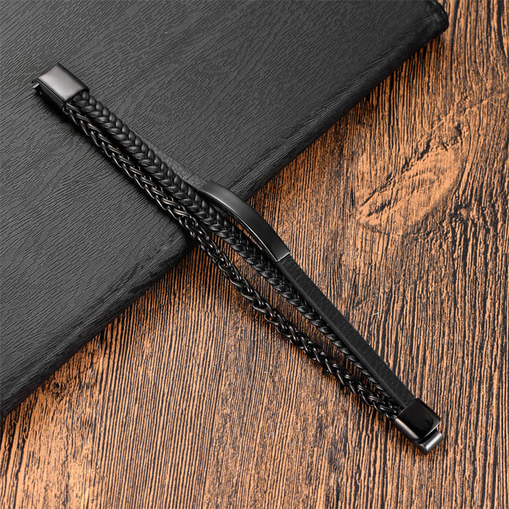 Bracciale con fibbia in pelle multistrato con stimolazione in acciaio al titanio e motivo intrecciato Buddha Stones