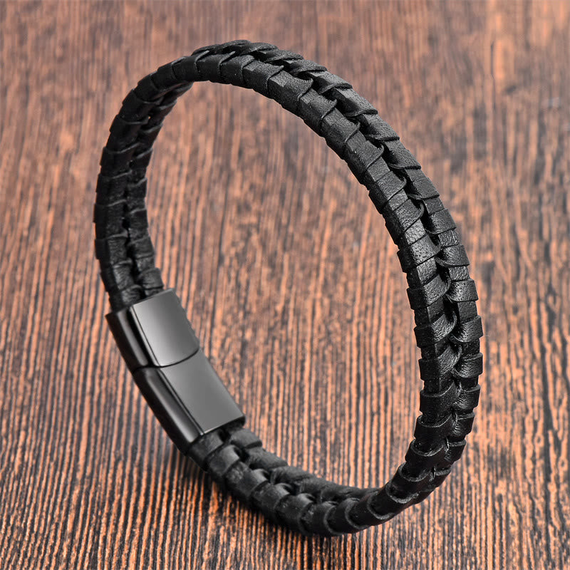 Bracciale con fibbia in pelle multistrato rinforzata in acciaio al titanio con motivo intrecciato semplice di Buddha Stones