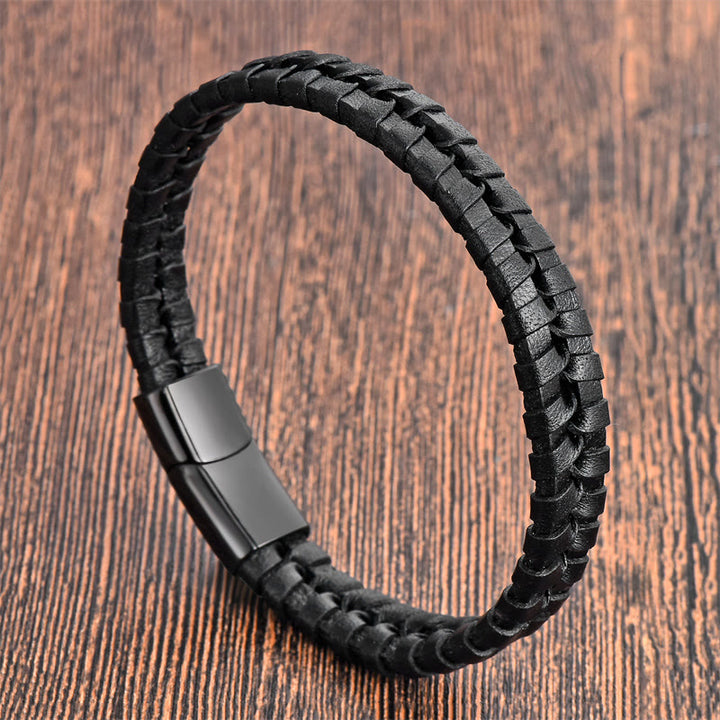 Bracciale con fibbia in pelle multistrato rinforzata in acciaio al titanio con motivo intrecciato semplice di Buddha Stones