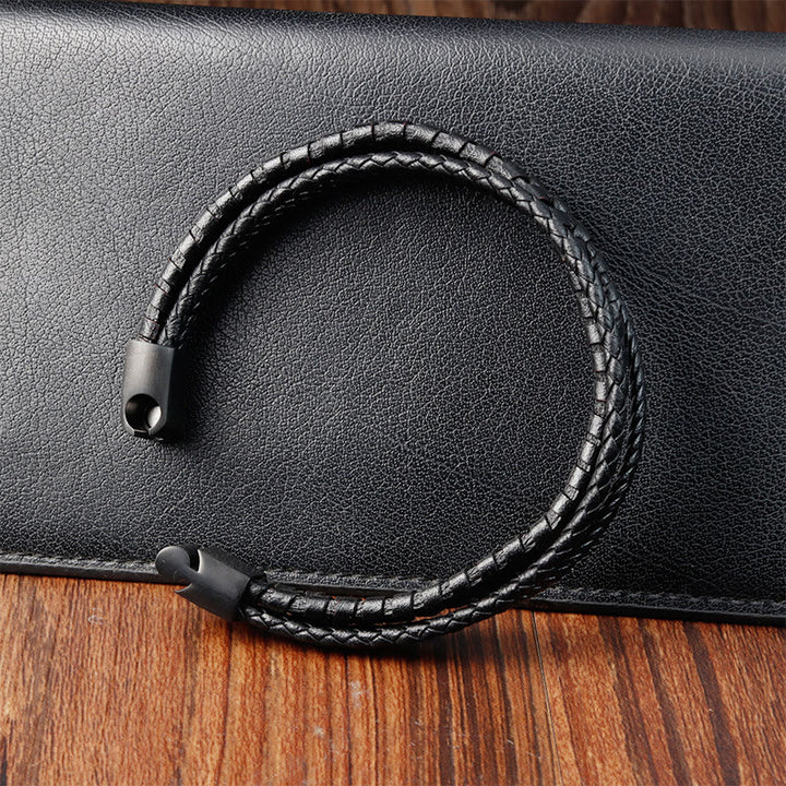 Bracciale con fibbia in pelle multistrato rinforzata in acciaio al titanio con motivo intrecciato semplice di Buddha Stones