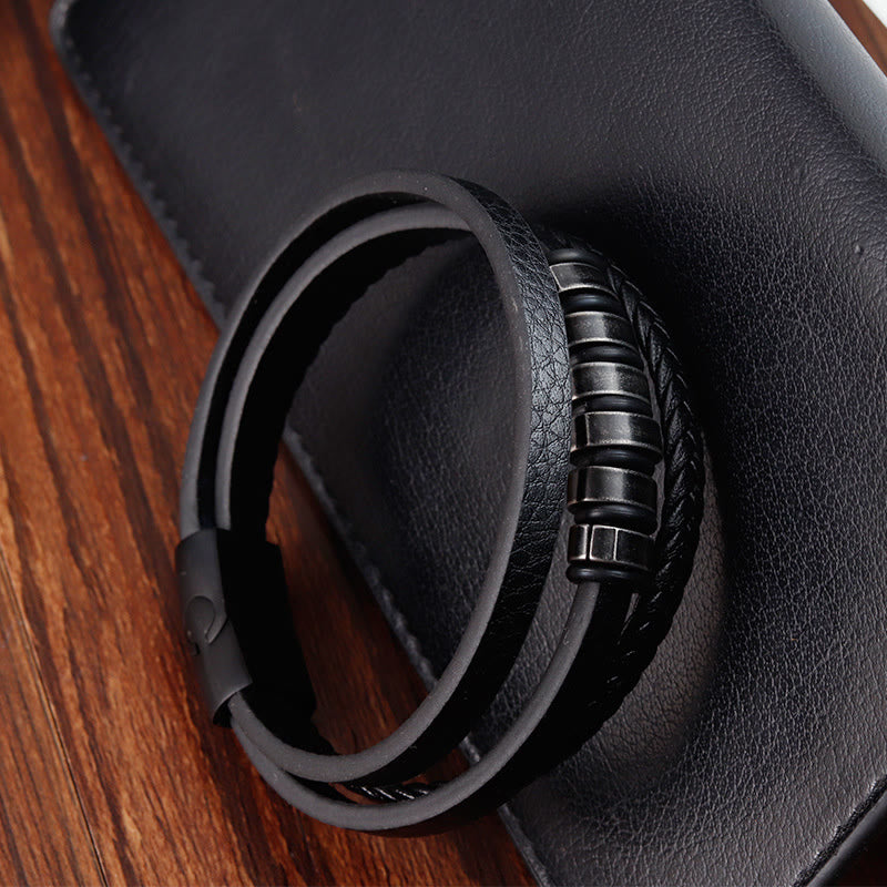 Bracciale Buddha Stones semplice in acciaio al titanio intrecciato con fibbia in pelle a tre strati e calmante