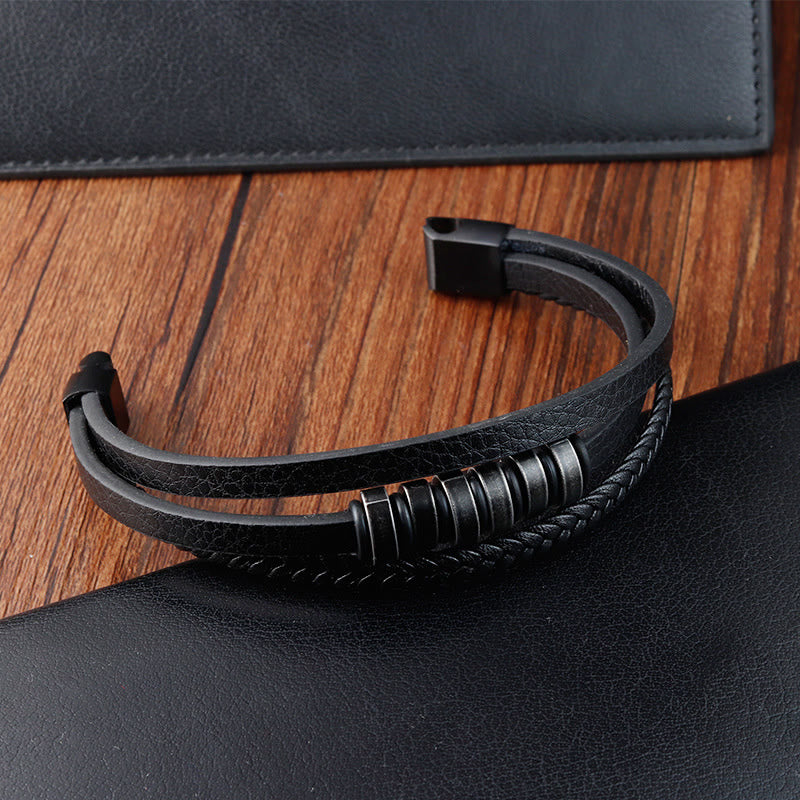 Bracciale Buddha Stones semplice in acciaio al titanio intrecciato con fibbia in pelle a tre strati e calmante