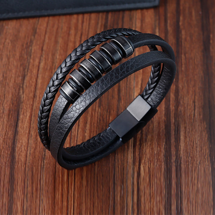 Bracciale Buddha Stones semplice in acciaio al titanio intrecciato con fibbia in pelle a tre strati e calmante