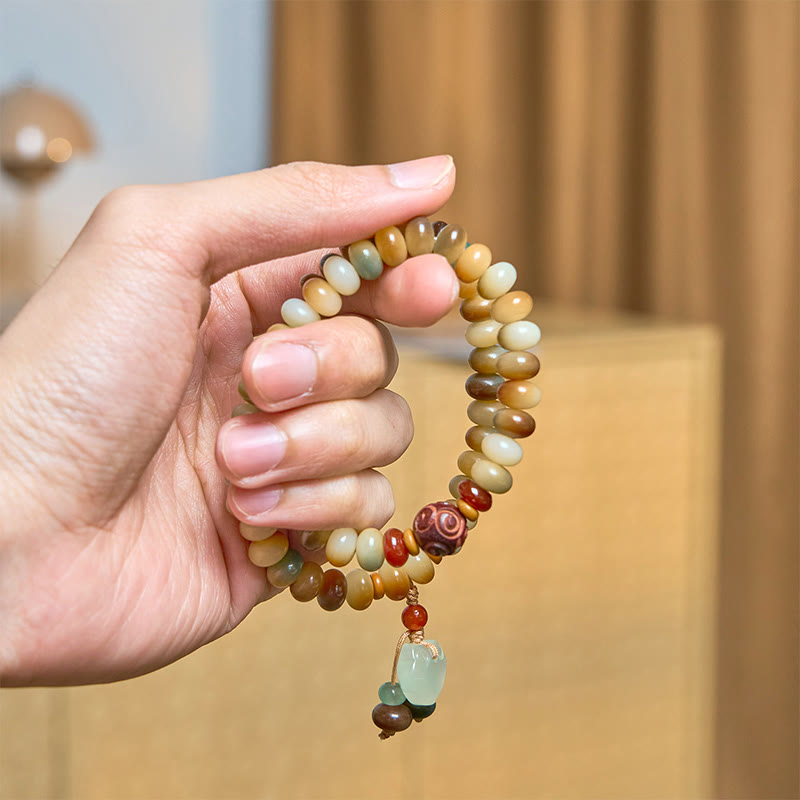 Bracciale a doppio giro con perline di abaco della saggezza, ciondolo con lucchetto della pace, semi di Bodhi colorati Buddha Stones