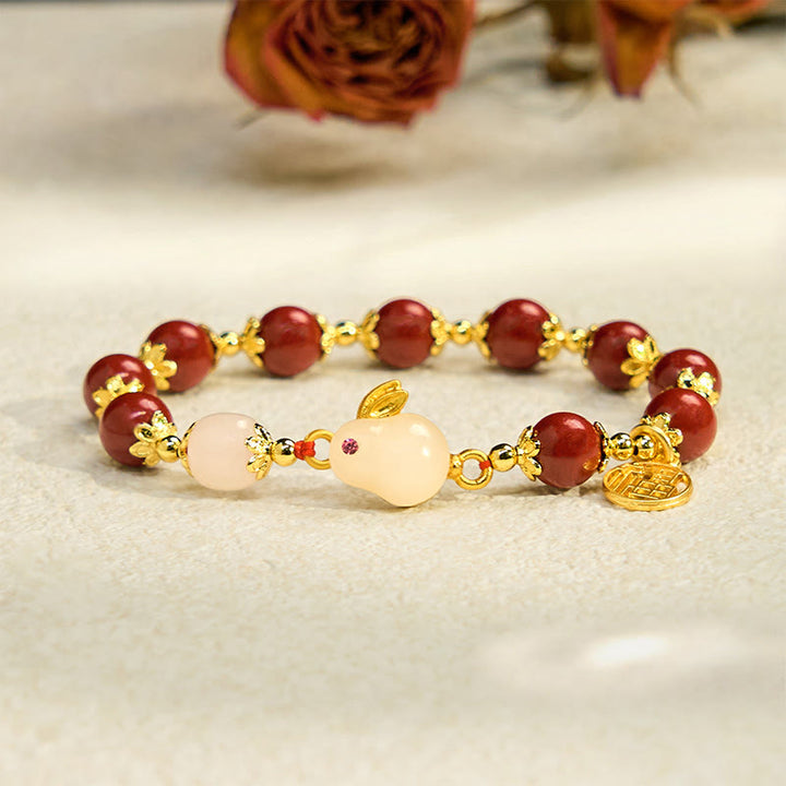 Braccialetto di benedizione con ciondolo a forma di coniglietto Fu, con Buddha Stones in cinabro