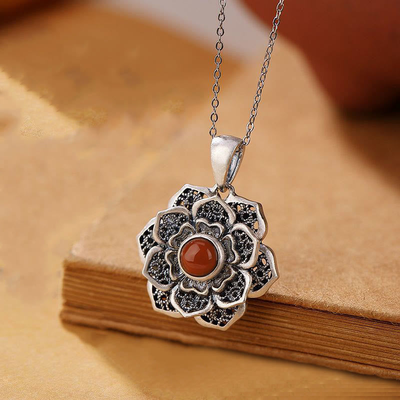 Collana con ciondolo a forma di pera in rame e agata rossa con motivo a loto, Buddha Stones tibetane Om Mani Padme Hum - Om Mani Padme Hum e Loto - image 1