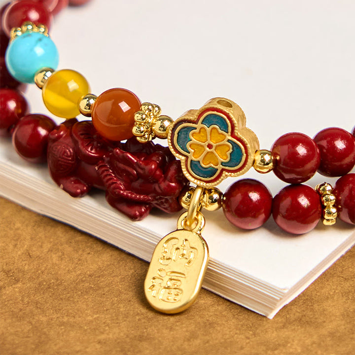 Braccialetto a doppio giro con benedizione del carattere PiXiu Fu in cinabro Buddha Stones