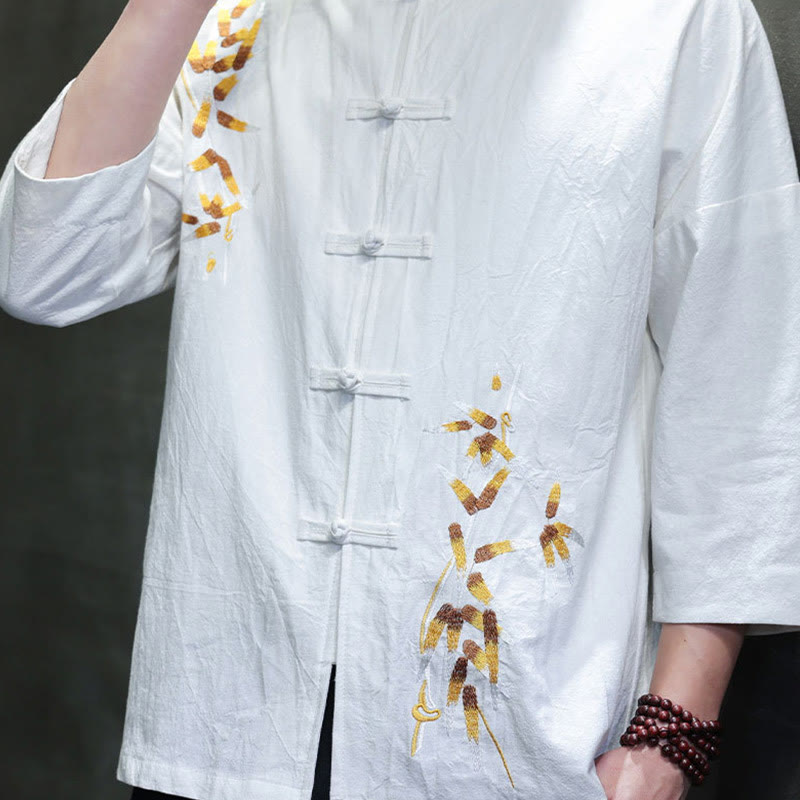 Camicia da uomo con maniche a tre quarti, bottoni cinesi a forma di rana e ricamo Buddha Stones