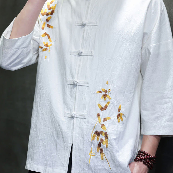 Camicia da uomo con maniche a tre quarti, bottoni cinesi a forma di rana e ricamo Buddha Stones