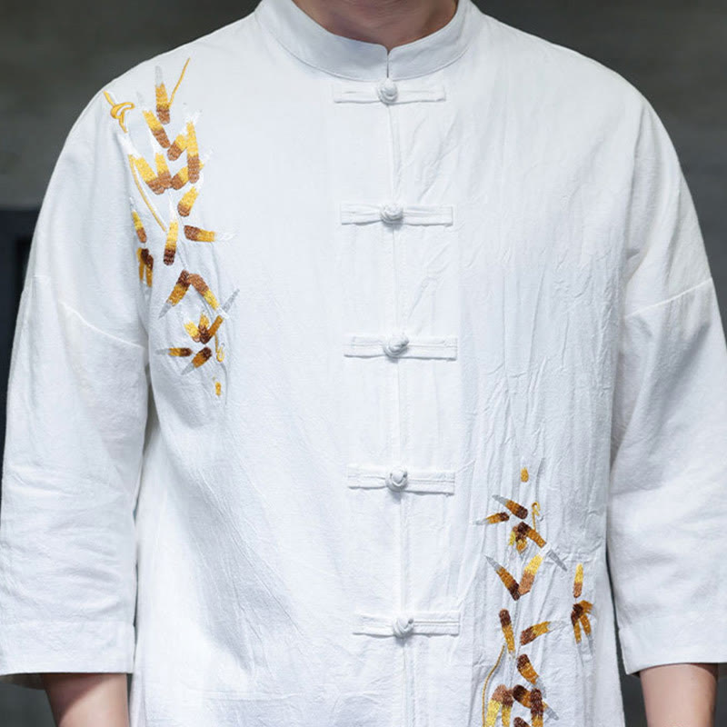 Camicia da uomo con maniche a tre quarti, bottoni cinesi a forma di rana e ricamo Buddha Stones