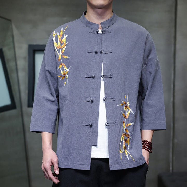Camicia da uomo con maniche a tre quarti, bottoni cinesi a forma di rana e ricamo Buddha Stones