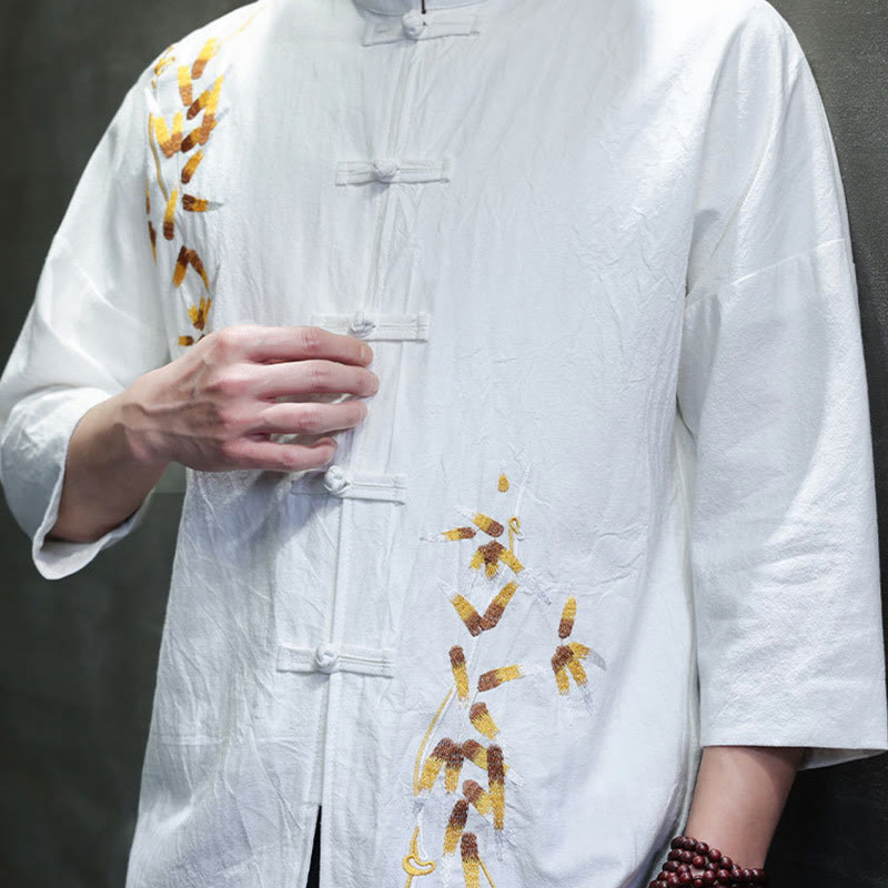 Camicia da uomo con maniche a tre quarti, bottoni cinesi a forma di rana e ricamo Buddha Stones