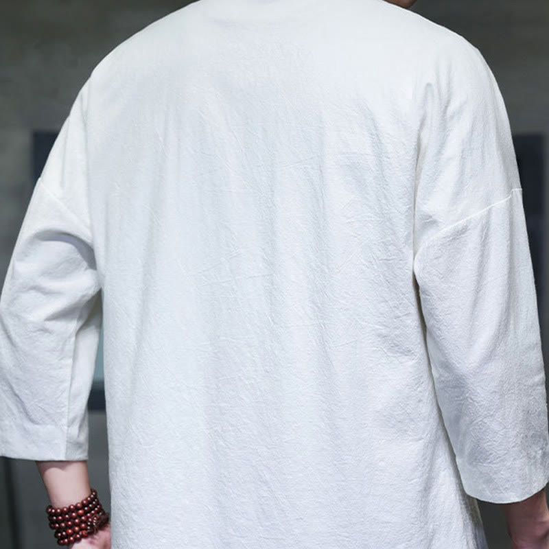 Camicia da uomo con maniche a tre quarti, bottoni cinesi a forma di rana e ricamo Buddha Stones