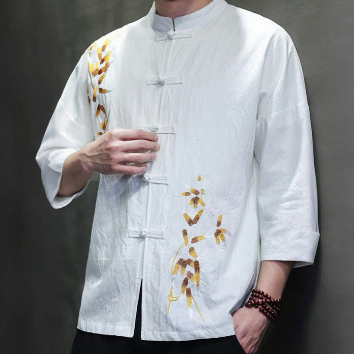 Camicia da uomo con maniche a tre quarti, bottoni cinesi a forma di rana e ricamo Buddha Stones