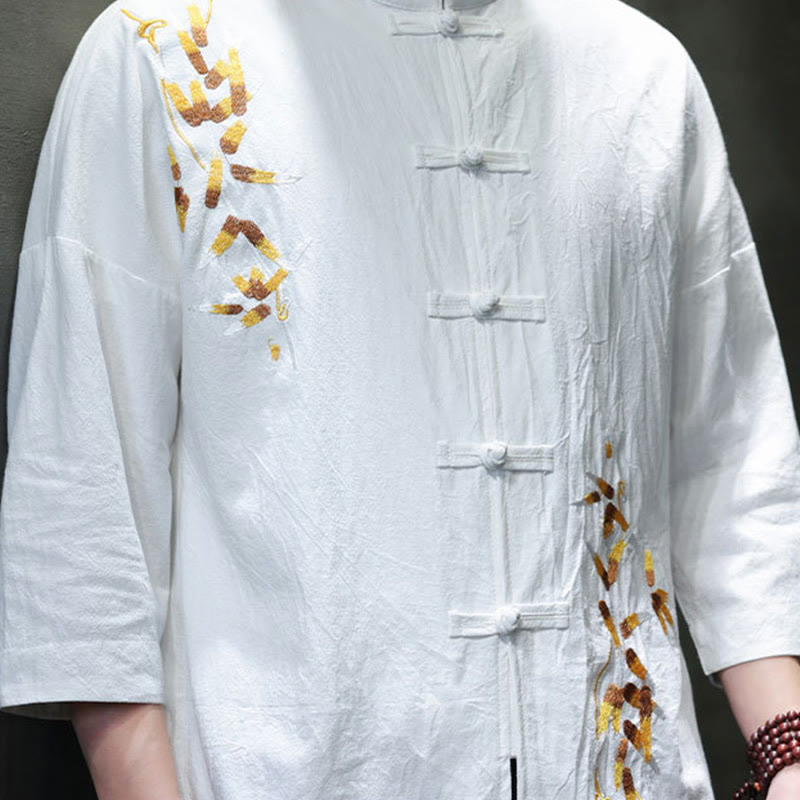 Camicia da uomo con maniche a tre quarti, bottoni cinesi a forma di rana e ricamo Buddha Stones