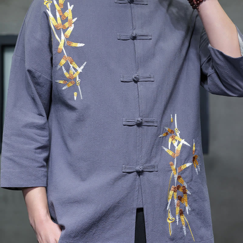 Camicia da uomo con maniche a tre quarti, bottoni cinesi a forma di rana e ricamo Buddha Stones