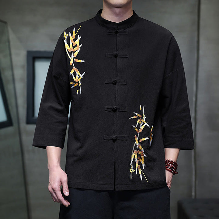 Camicia da uomo con maniche a tre quarti, bottoni cinesi a forma di rana e ricamo Buddha Stones