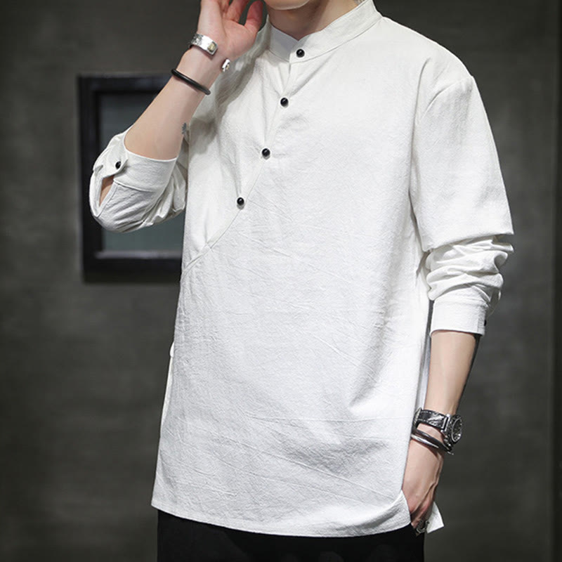 Camicia da uomo in cotone e lino a maniche lunghe con lacci e bottoni, modello Buddha Stones - image 19