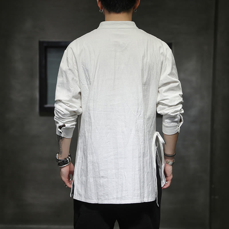 Camicia da uomo in cotone e lino a maniche lunghe con lacci e bottoni, modello Buddha Stones - image 15
