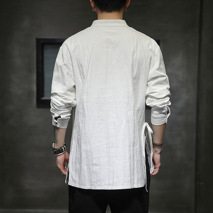 Camicia da uomo in cotone e lino a maniche lunghe con lacci e bottoni, modello Buddha Stones - image 15
