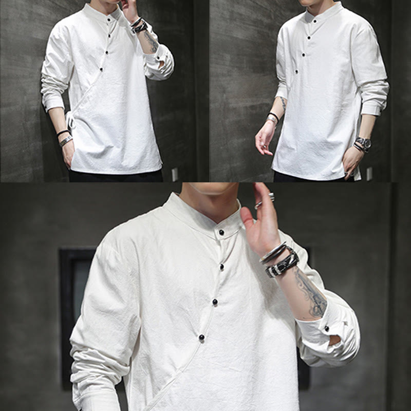 Camicia da uomo in cotone e lino a maniche lunghe con lacci e bottoni, modello Buddha Stones - image 20