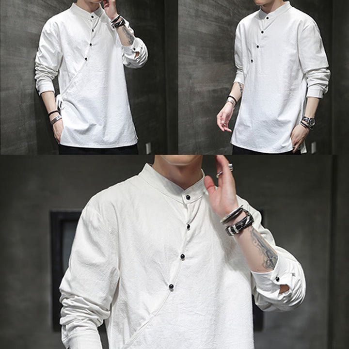 Camicia da uomo in cotone e lino a maniche lunghe con lacci e bottoni, modello Buddha Stones - image 20