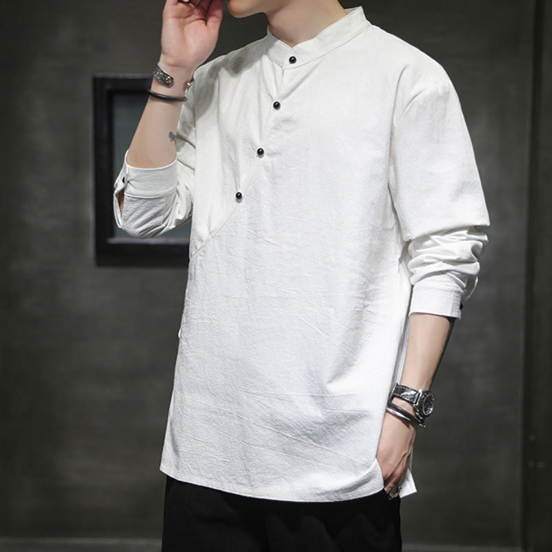 Camicia da uomo in cotone e lino a maniche lunghe con lacci e bottoni, modello Buddha Stones - image 16