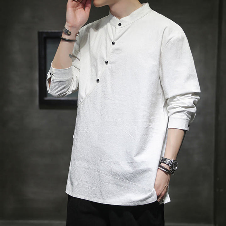 Camicia da uomo in cotone e lino a maniche lunghe con lacci e bottoni, modello Buddha Stones - image 16