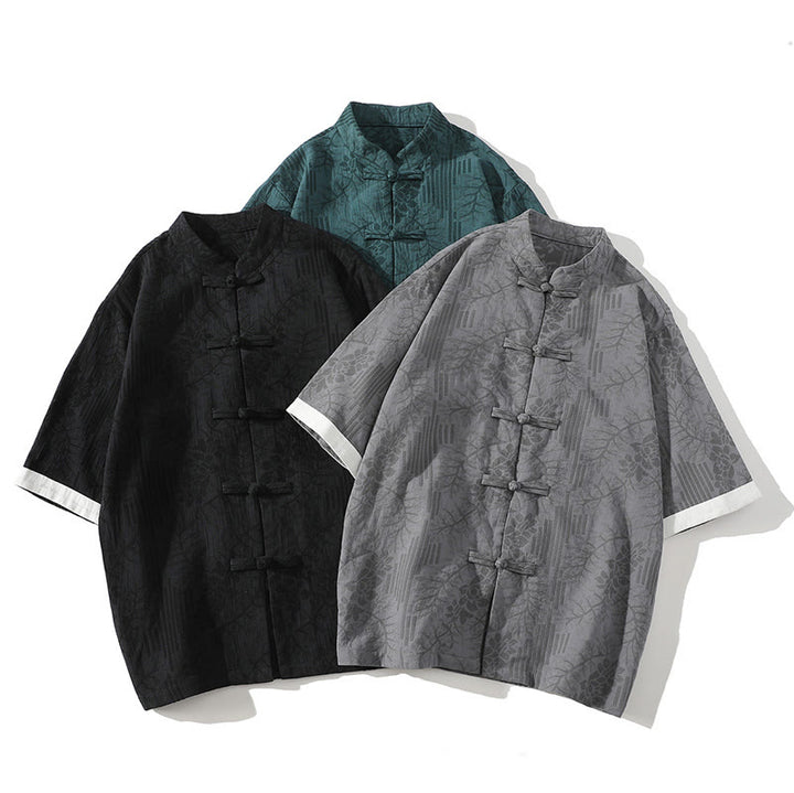 Cardigan da uomo in cotone a maniche corte con colletto alto, motivo floreale in jacquard, bottoni a rana, casual estivo, Buddha Stones