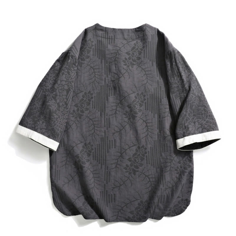 Camicia da uomo in cotone a mezza manica, con scollo a giro, in stile casual retrò, con bottoni cinesi e motivo a rana, motivo Buddha Stones