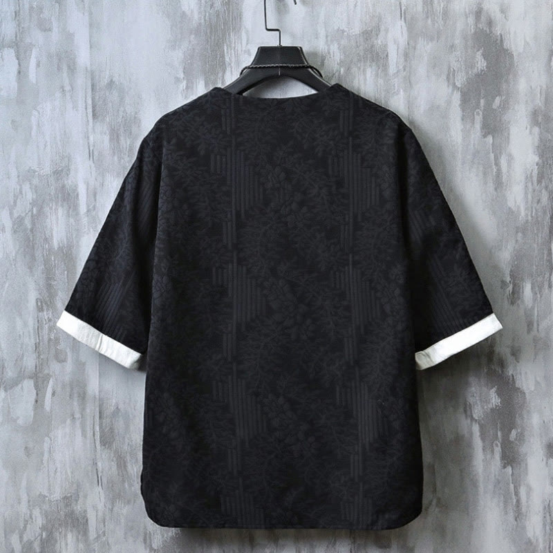 Camicia da uomo in cotone a mezza manica, con scollo a giro, in stile casual retrò, con bottoni cinesi e motivo a rana, motivo Buddha Stones