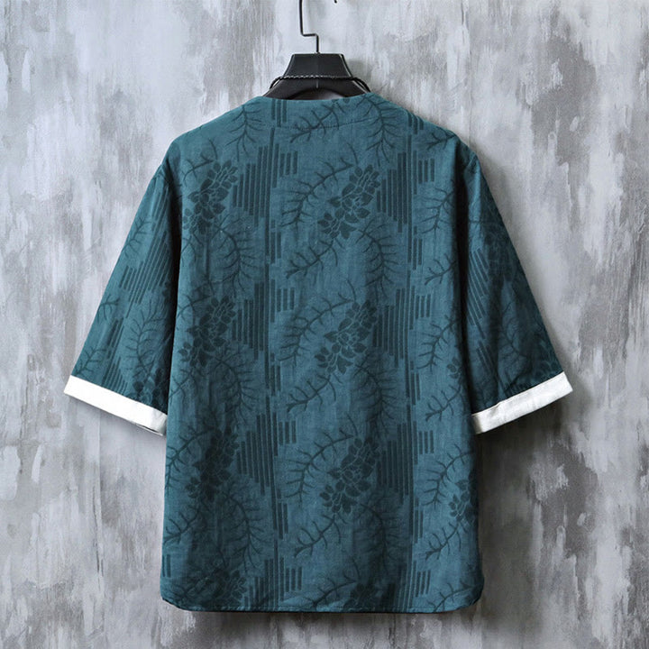 Camicia da uomo in cotone a mezza manica, con scollo a giro, in stile casual retrò, con bottoni cinesi e motivo a rana, motivo Buddha Stones