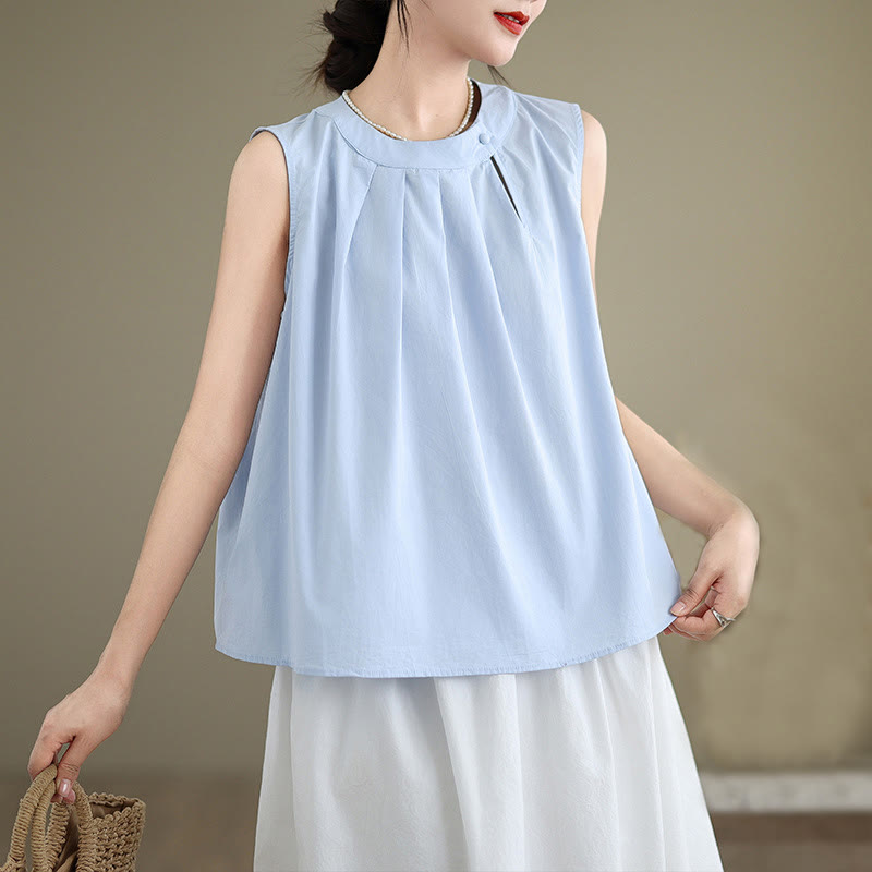 Canotta da donna in cotone e lino, senza maniche, con scollo all'americana, tinta unita , Buddha Stones, estate