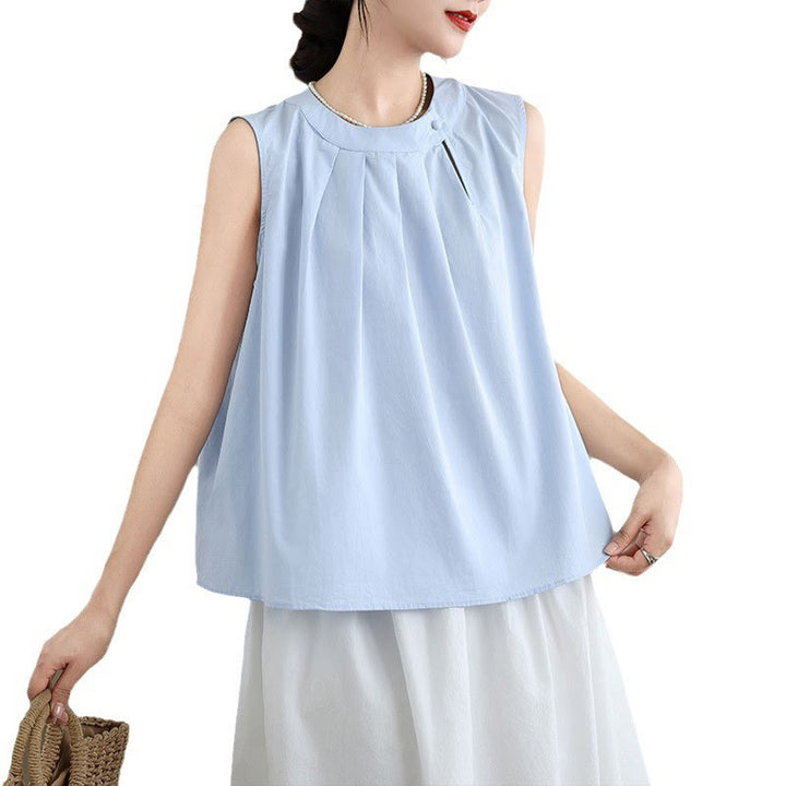Canotta da donna in cotone e lino, senza maniche, con scollo all'americana, tinta unita , Buddha Stones, estate
