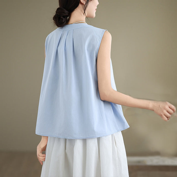 Canotta da donna in cotone e lino, senza maniche, con scollo all'americana, tinta unita , Buddha Stones, estate