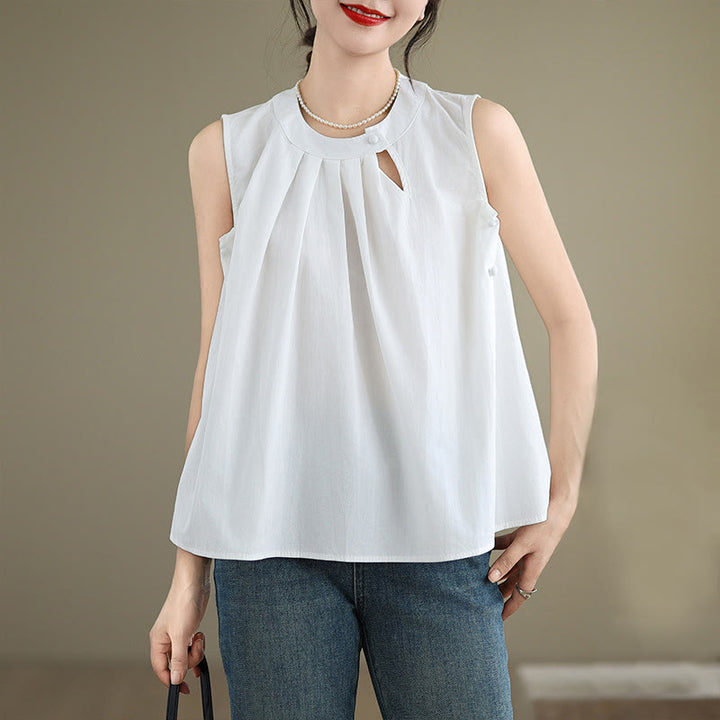 Canotta da donna in cotone e lino, senza maniche, con scollo all'americana, tinta unita , Buddha Stones, estate