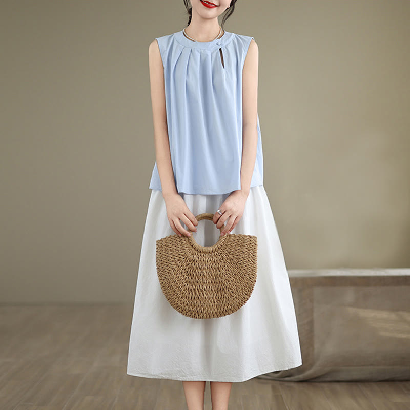Canotta da donna in cotone e lino, senza maniche, con scollo all'americana, tinta unita , Buddha Stones, estate