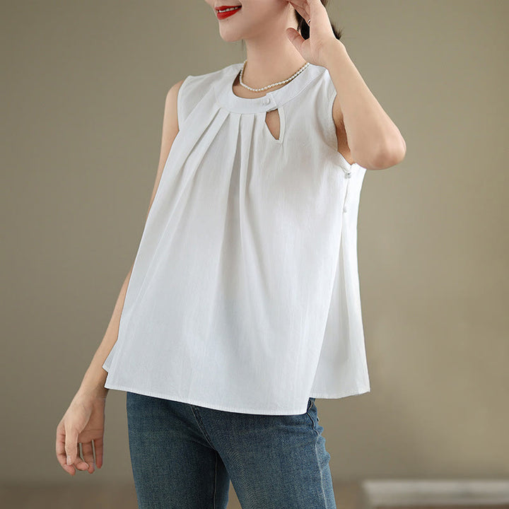 Canotta da donna in cotone e lino, senza maniche, con scollo all'americana, tinta unita , Buddha Stones, estate