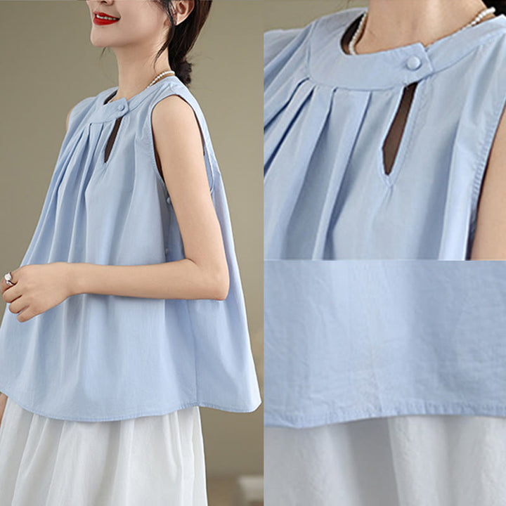 Canotta da donna in cotone e lino, senza maniche, con scollo all'americana, tinta unita , Buddha Stones, estate