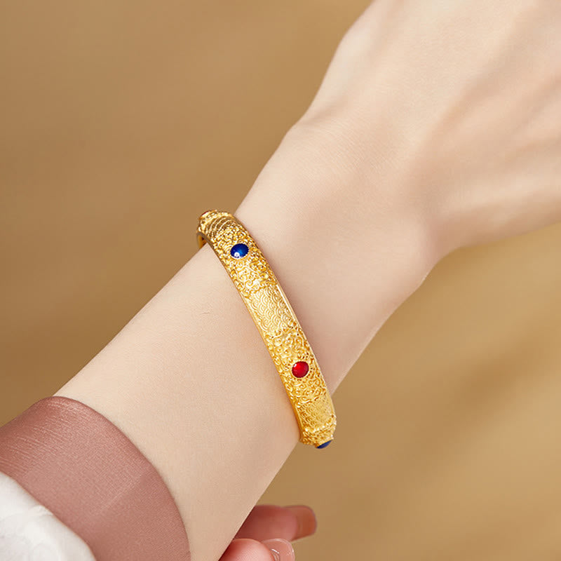 Bracciale rigido di protezione Buddha Stones in argento sterling 925 con nuvole di buon auspicio dorate, design cavo, 56 mm
