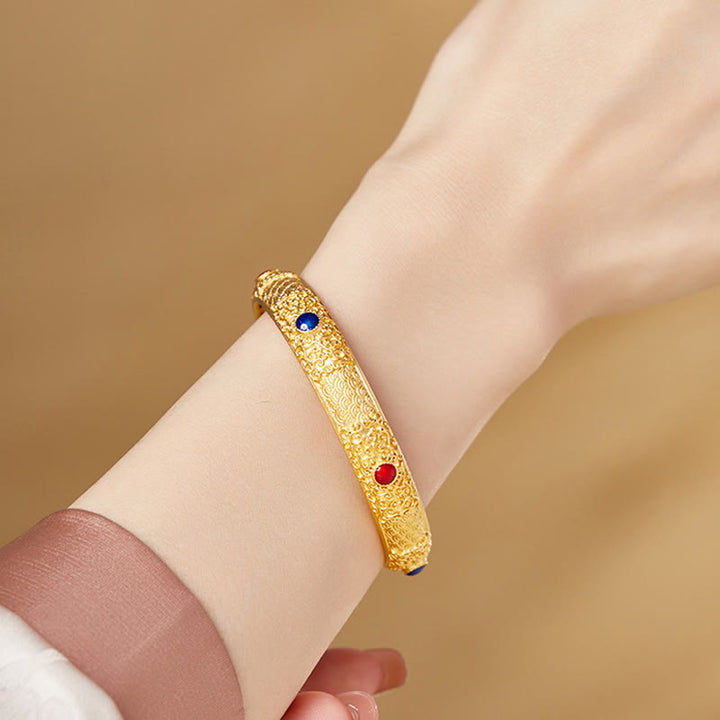 Bracciale rigido di protezione Buddha Stones in argento sterling 925 con nuvole di buon auspicio dorate, design cavo, 56 mm