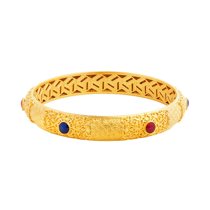 Bracciale rigido di protezione Buddha Stones in argento sterling 925 con nuvole di buon auspicio dorate, design cavo, 56 mm