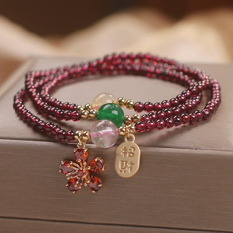 Bracciale multistrato con perle di granato ultrasottili naturali da 3 mm Buddha Stones, fiore di ciliegio, attrae fortuna e protezione